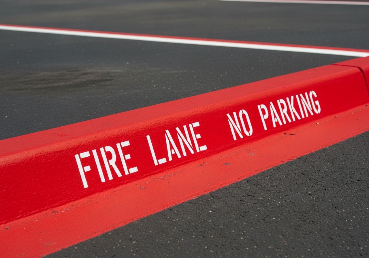 Red fire lane curb markings with FIRE LANE NO PARKING stenciling on commercial property