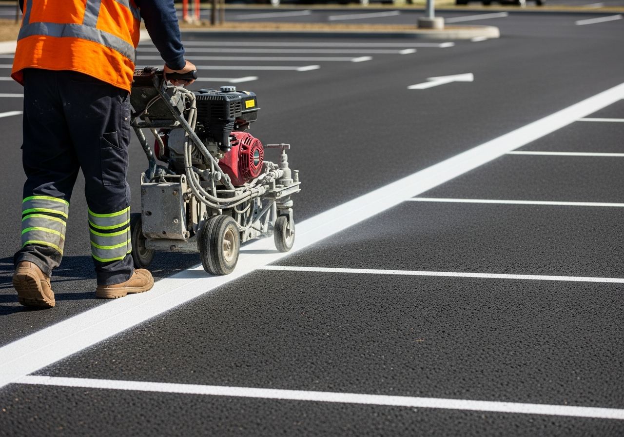 Parking lot re-striping in progress refreshing faded white stall lines on commercial asphalt