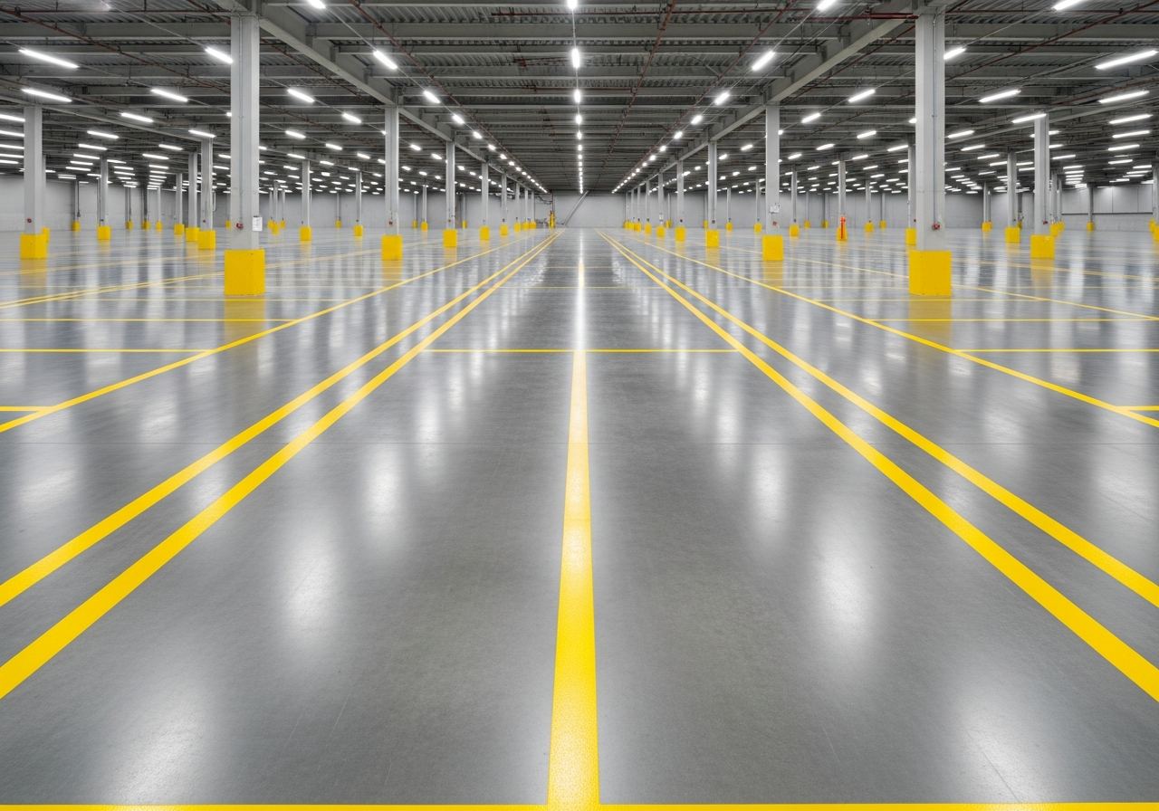 Warehouse floor with bright yellow aisle striping and safety zone markings